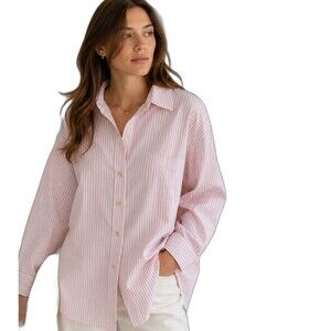 Diosun Pink White Striped Button Down Shirt Womens Large NWT Cotton Blend